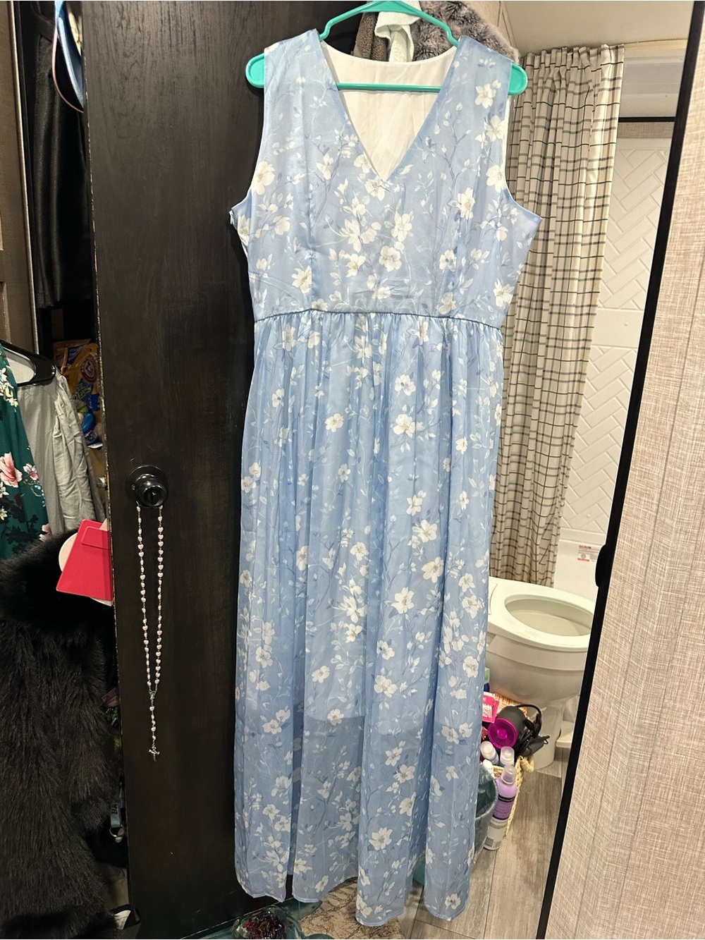 Light Blue Floral V-Neck Maxi Dress